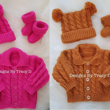 Brooklyn baby knitting pattern cardigan, hats and booties 0-3 mths & 6-12m