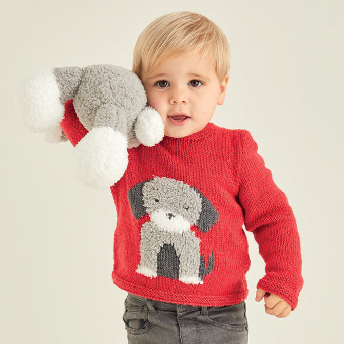 Sirdar Baby Sweater with Dog Motif Jumper Knitting Pattern