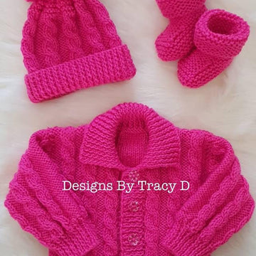 Brooklyn baby knitting pattern cardigan, hats and booties 0-3 mths & 6-12m