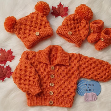 Timothy baby knitting pattern cardigan, hats and booties 0-3 mths & 6-12m