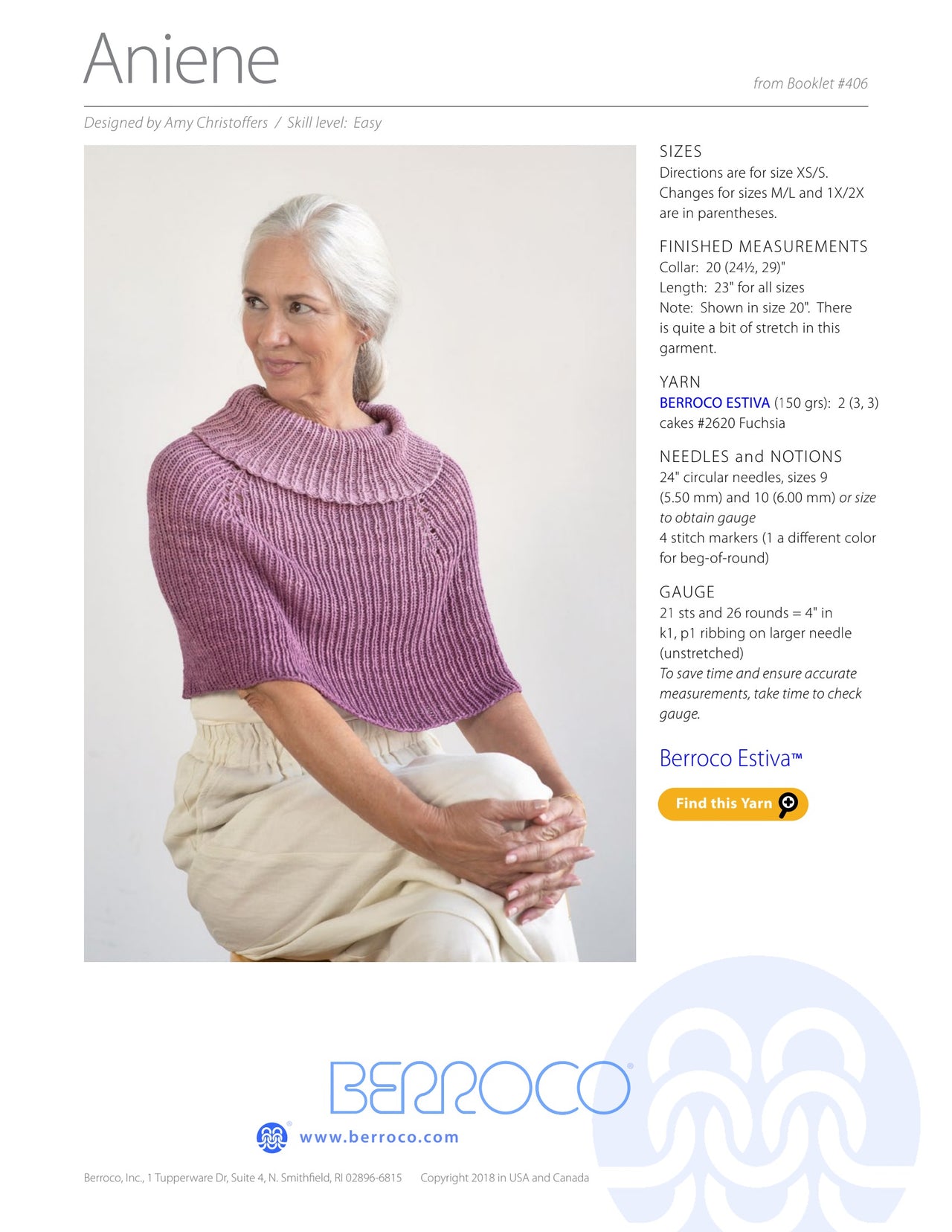Berroco Aniene Cape Knitting Pattern