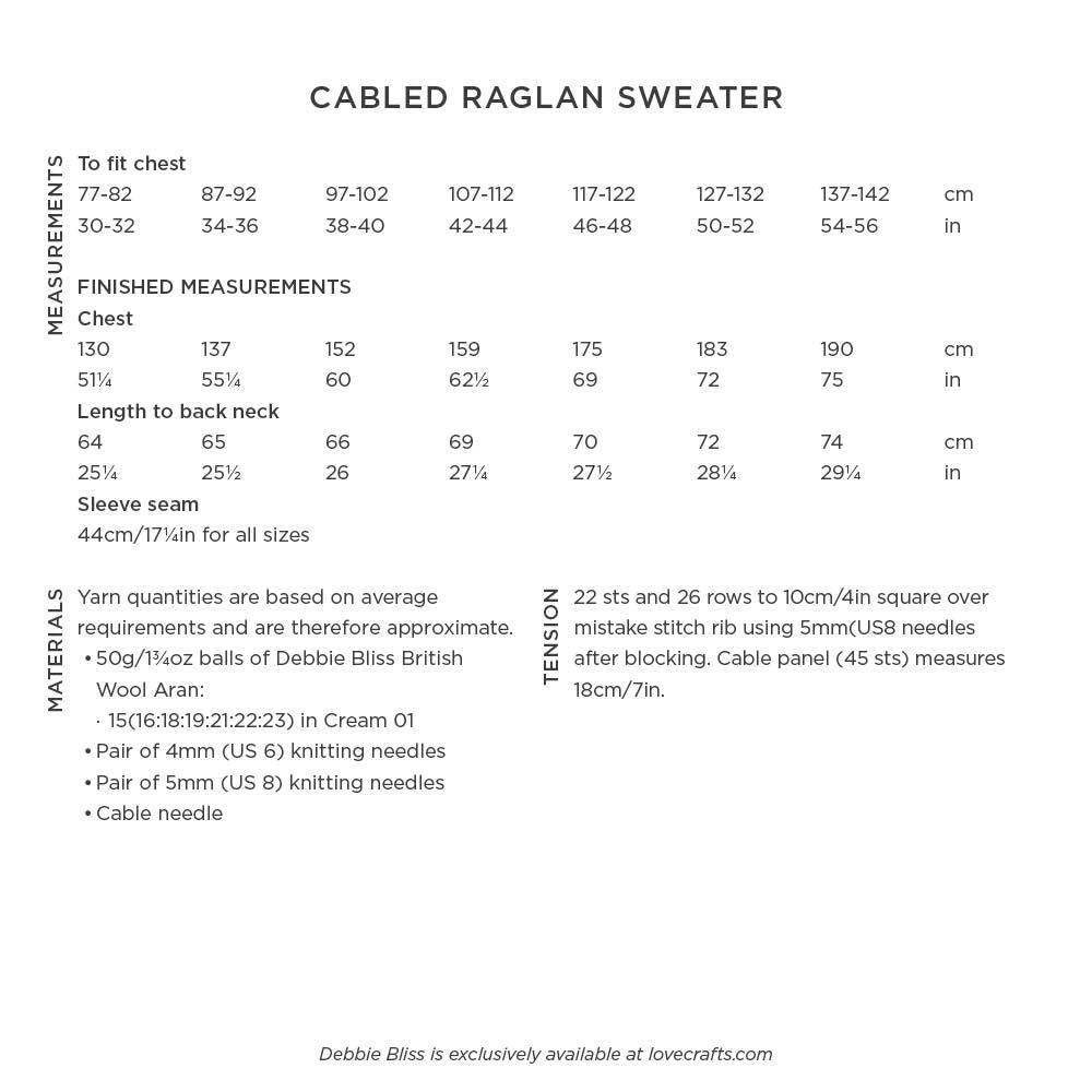 Debbie Bliss Cabled Raglan Sweater Knitting Pattern