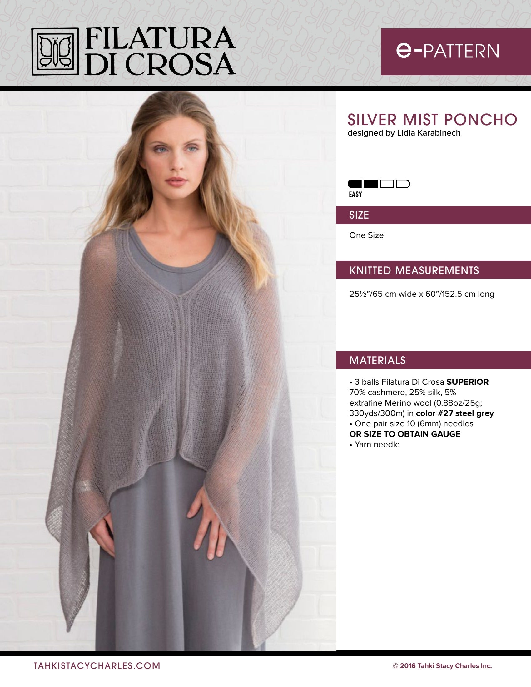 Filatura Di Crosa Silver Mist Poncho Cape Knitting Pattern