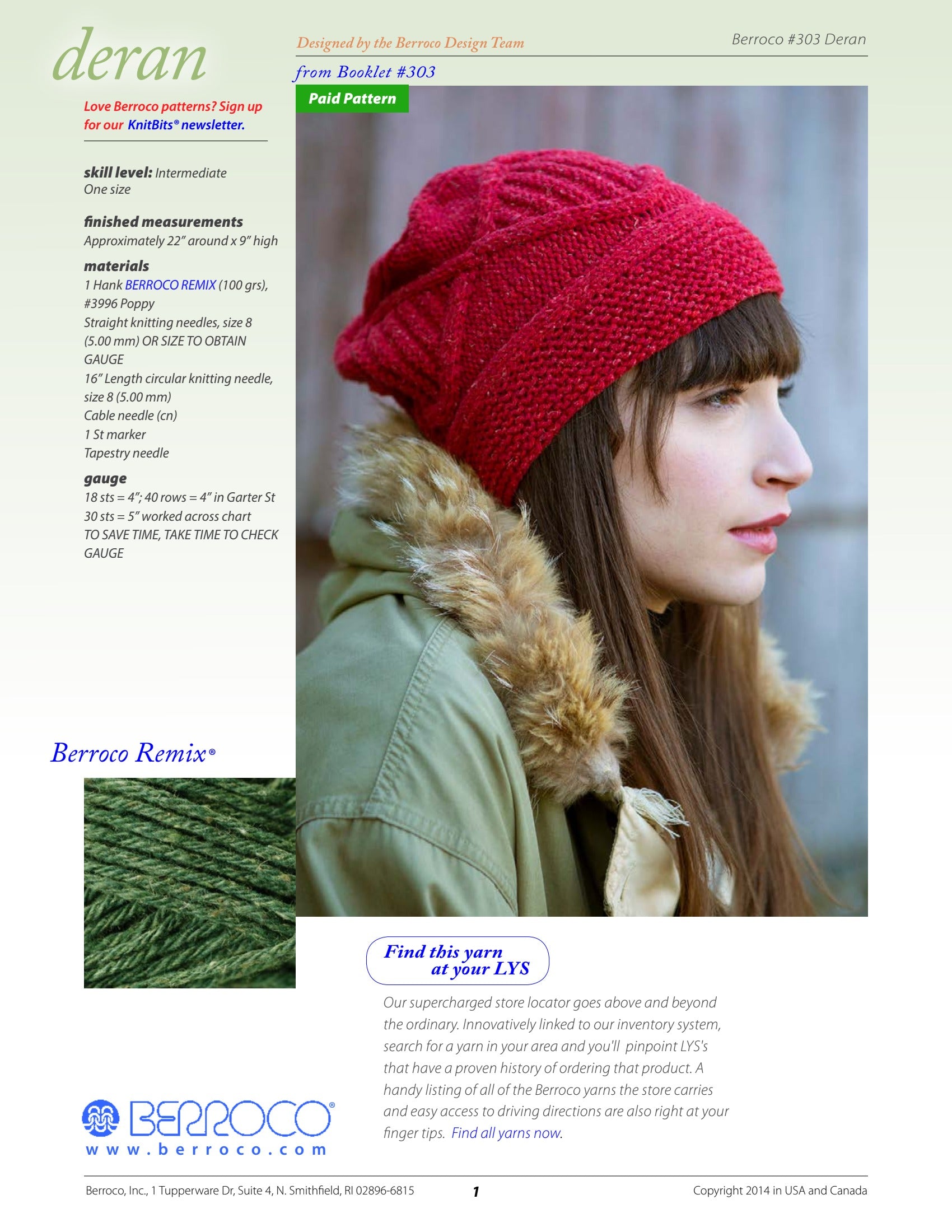 Berroco Deran Hat Knitting Pattern