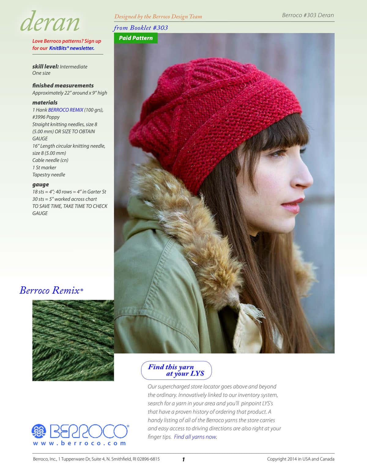 Berroco Deran Hat Knitting Pattern