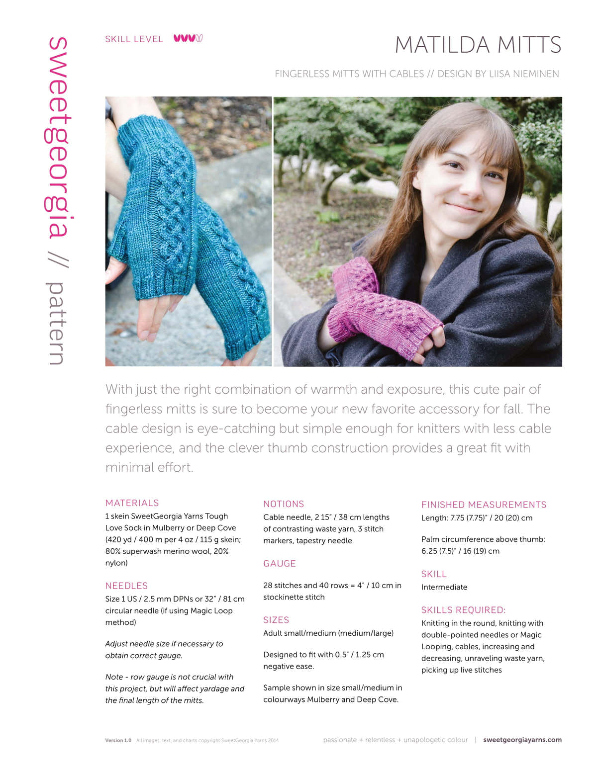 SweetGeorgia Matilda Mitts Gloves Knitting Pattern