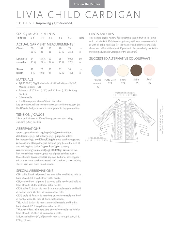 MillaMia Livia Child's Cardigan Knitting Pattern