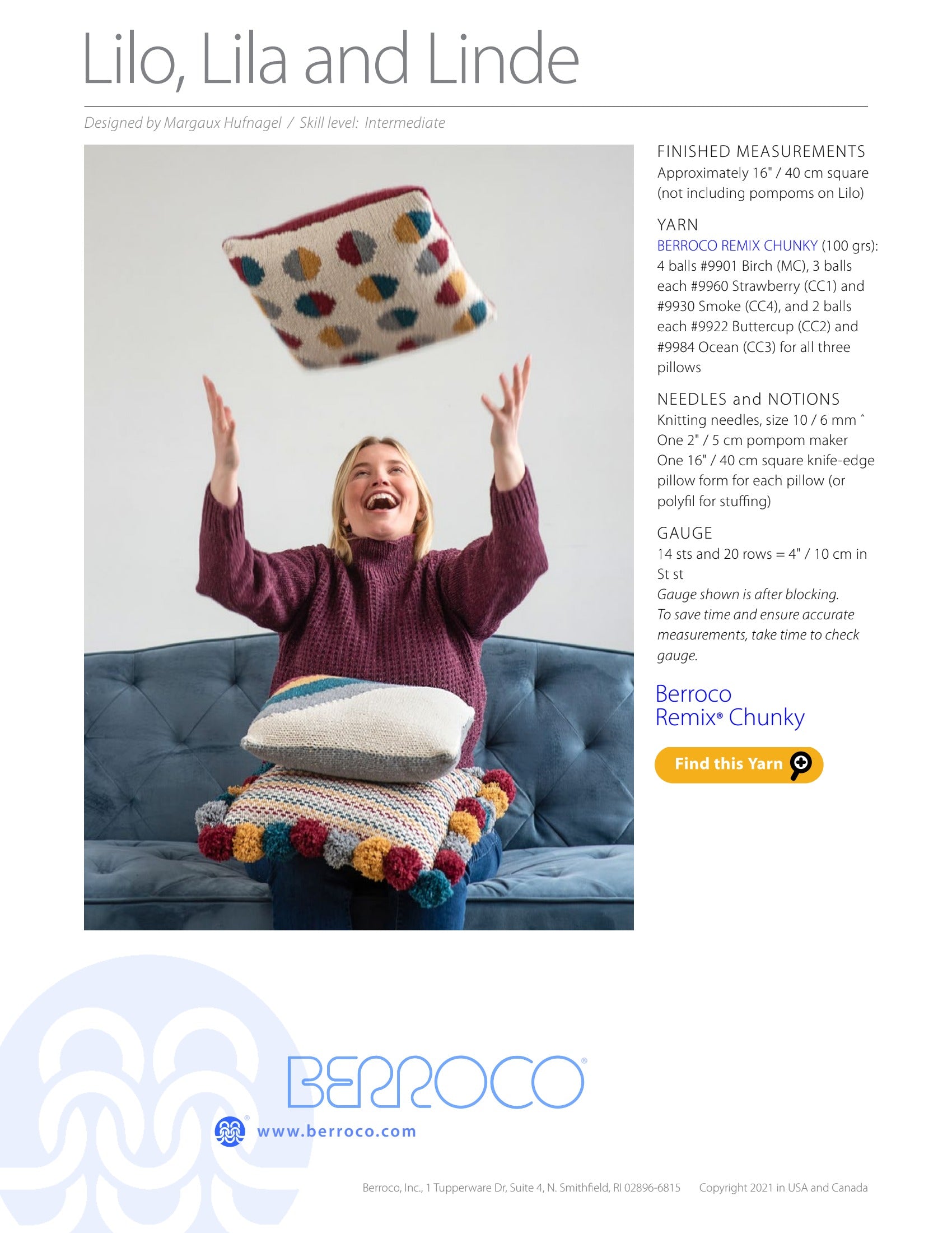 Berroco Lilo, Lina, Linde Homeware Knitting Pattern