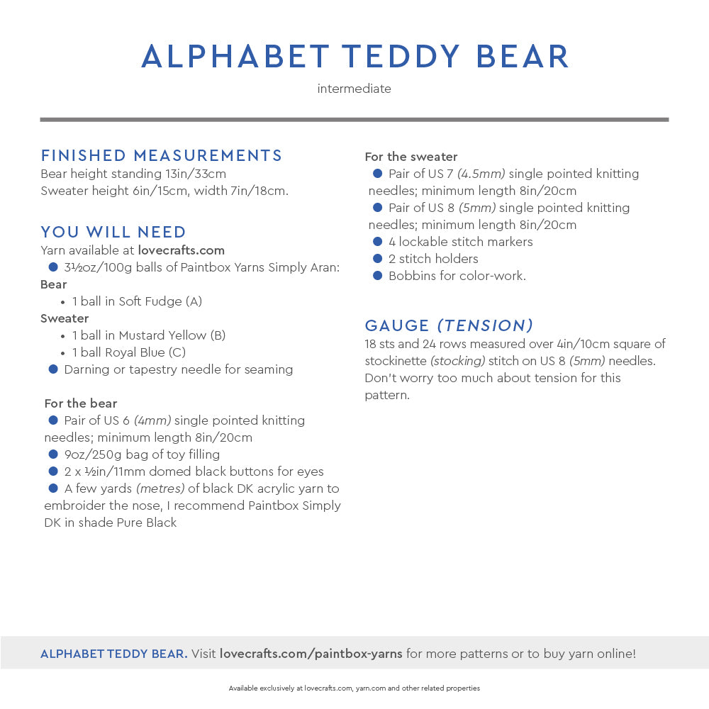 Paintbox Yarns Alphabet Teddy Bear Knitting Pattern
