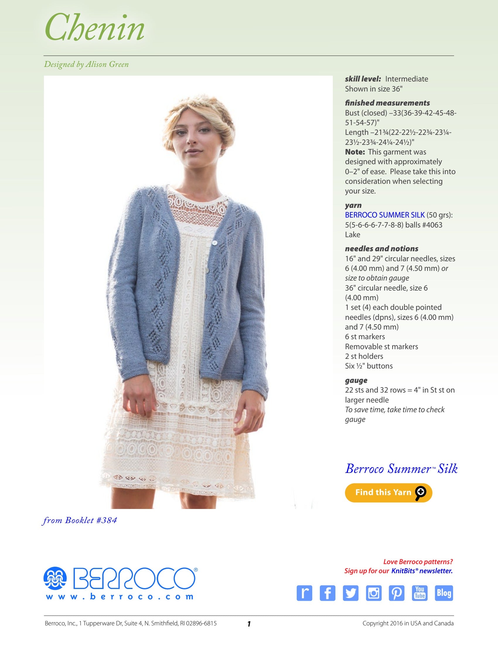 Berroco Chenin Cardigan Knitting Pattern