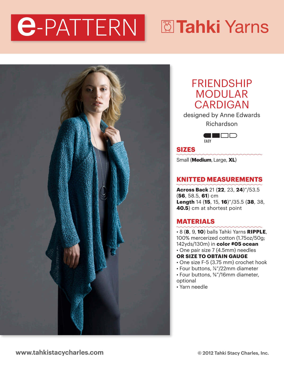 Tahki Yarns Friendship Modular Cardigan Knitting Pattern