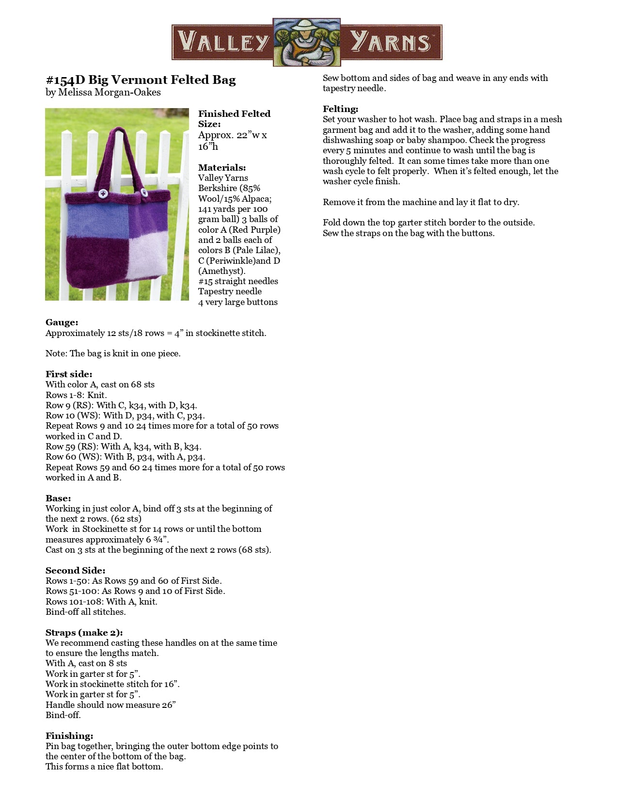 Valley Yarns D Big Vermont Felted Bag Knitting Pattern