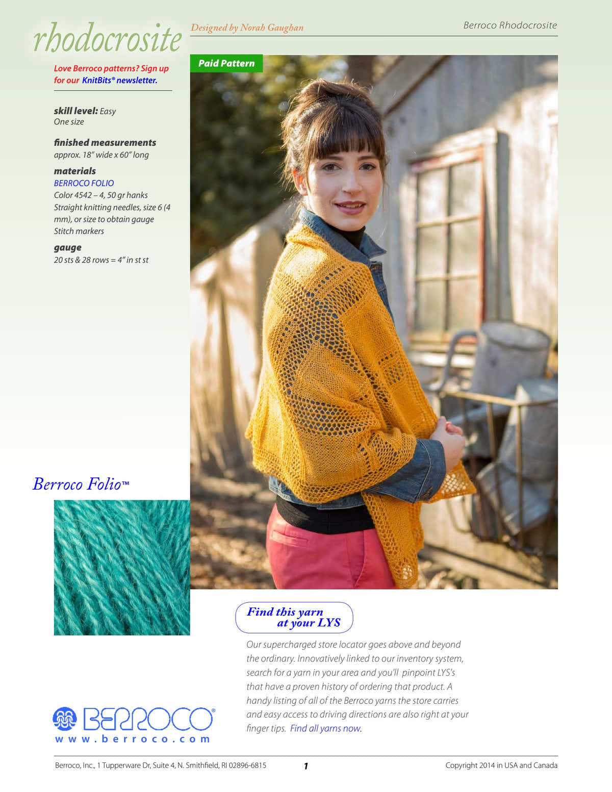 Berroco Rhodocrosite Wrap Knitting Pattern