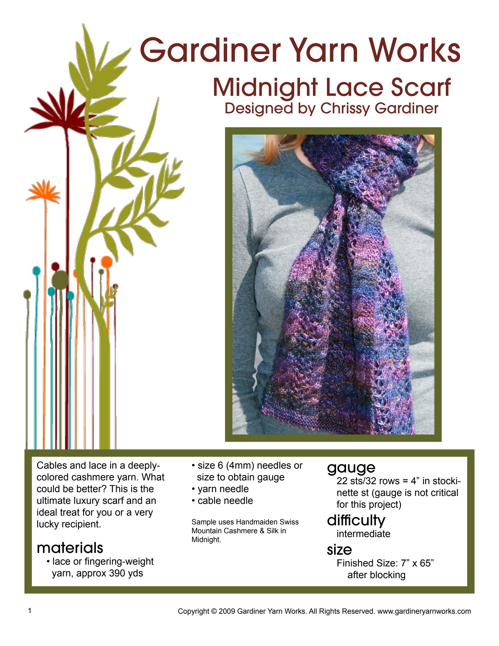 Gardiner Yarn Works Midnight Lace Scarf Knitting Pattern