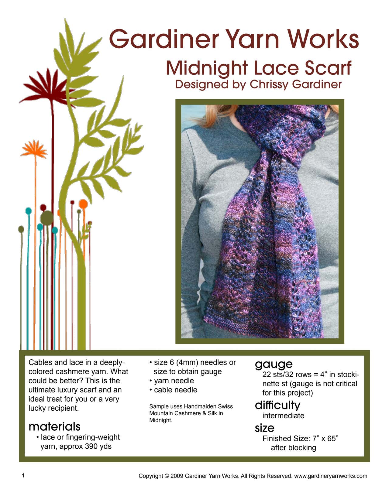 Gardiner Yarn Works Midnight Lace Scarf Knitting Pattern