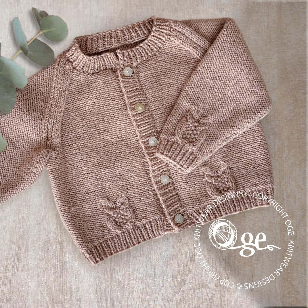 Round neck raglan sleeve cardi with cabled owls - P079