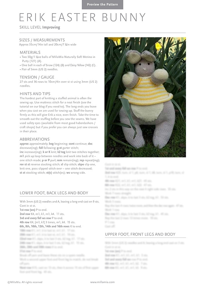 MillaMia Erik Easter Bunny Toy Knitting Pattern