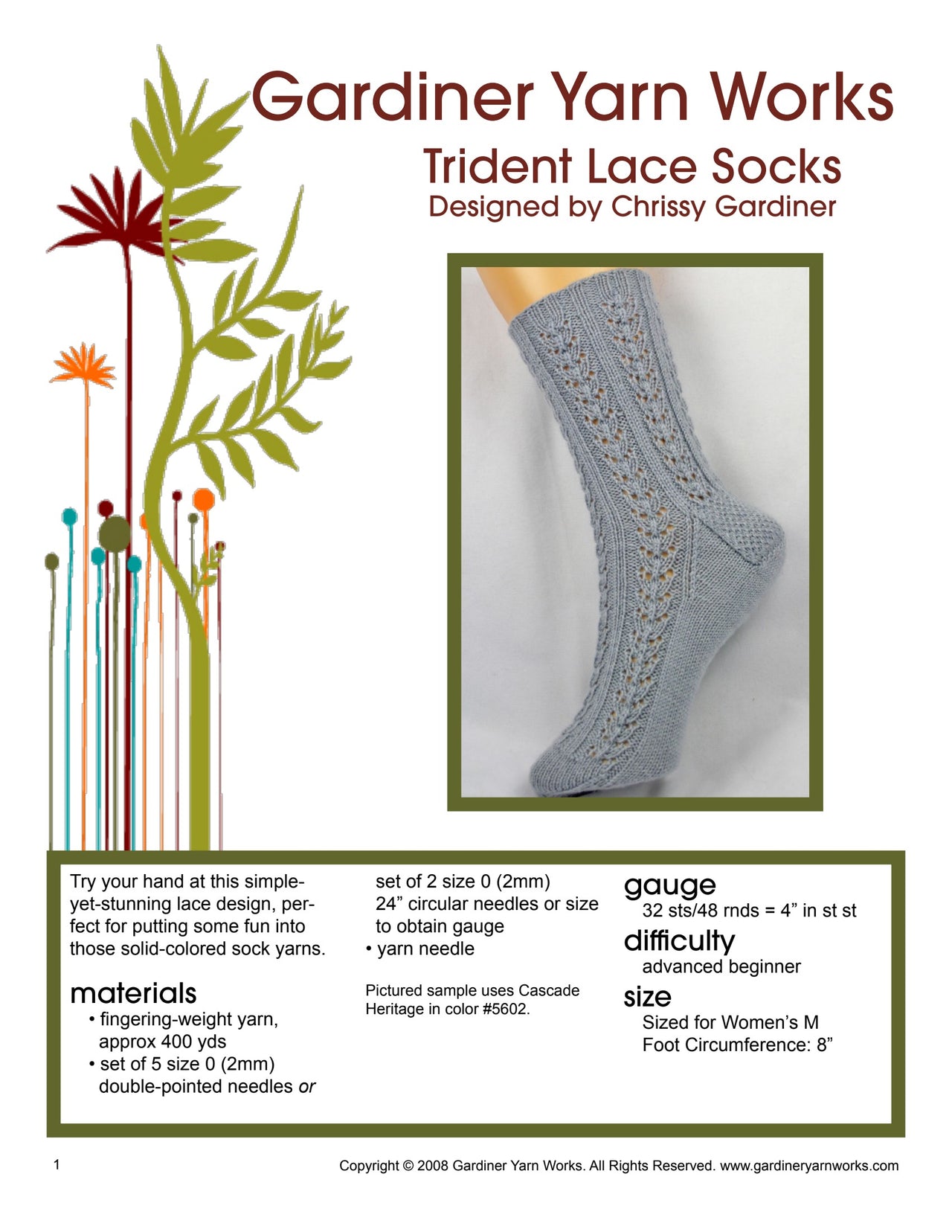 Gardiner Yarn Works Trident Lace Socks Knitting Pattern