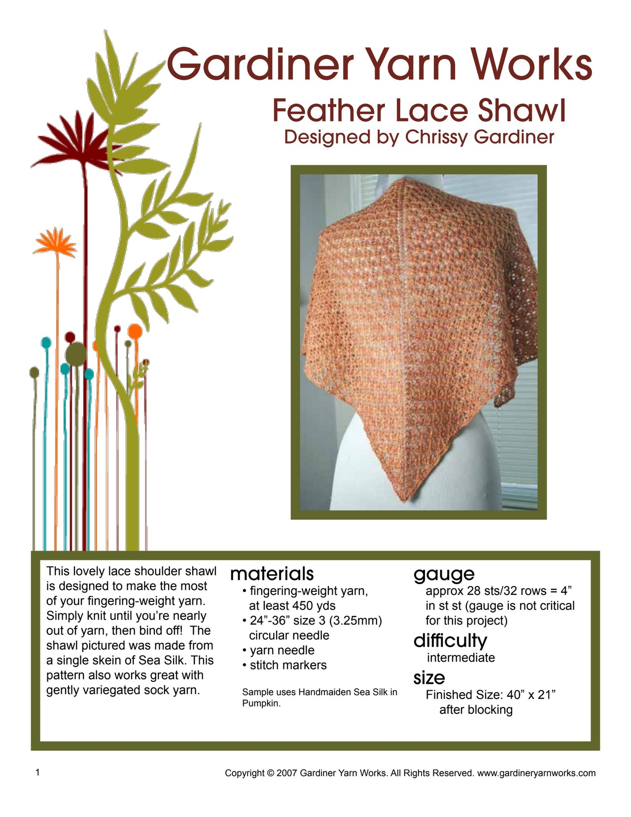 Gardiner Yarn Works Feather Lace Shawl Wrap Knitting Pattern