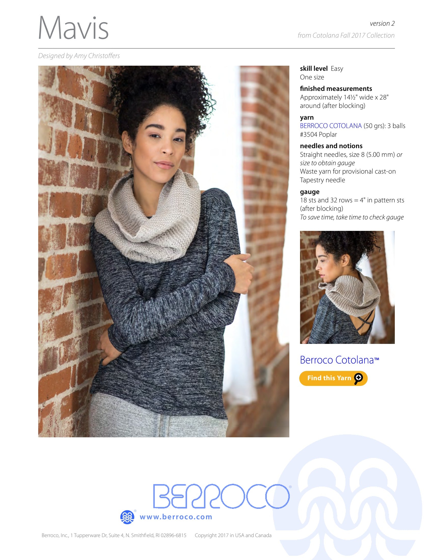 Berroco Mavis Cowl Knitting Pattern
