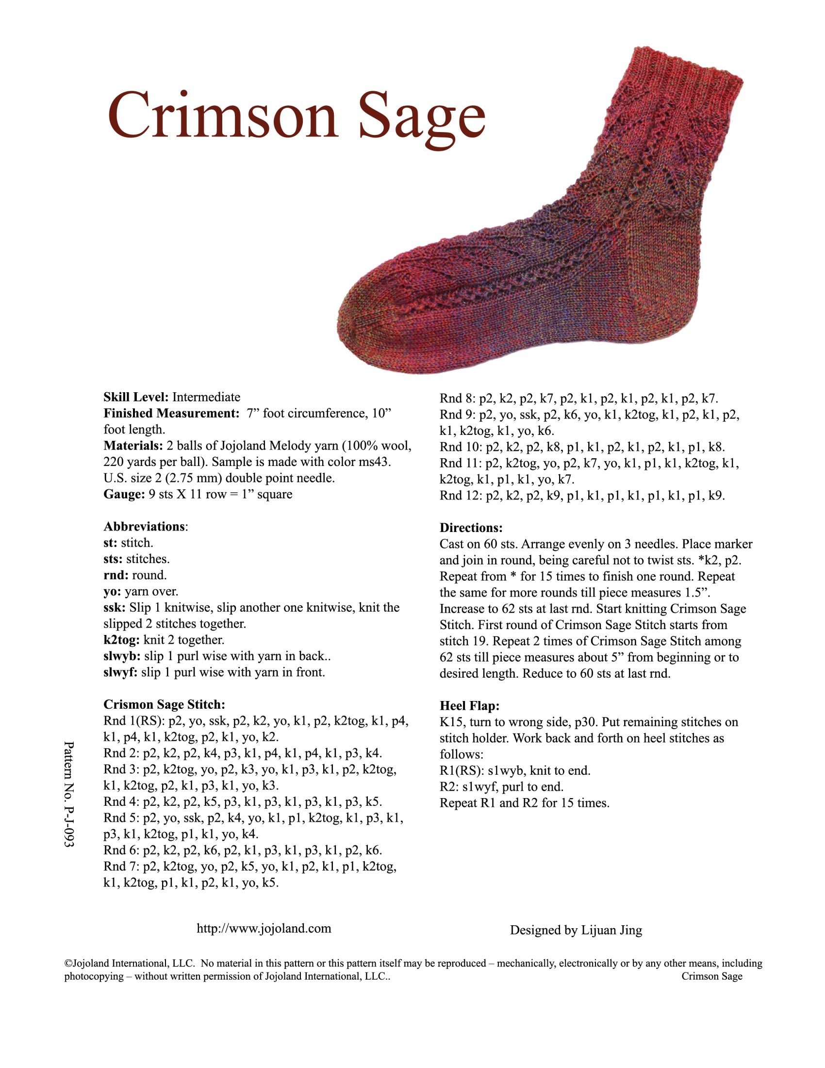 Jojoland Crimson Sage Socks Knitting Pattern