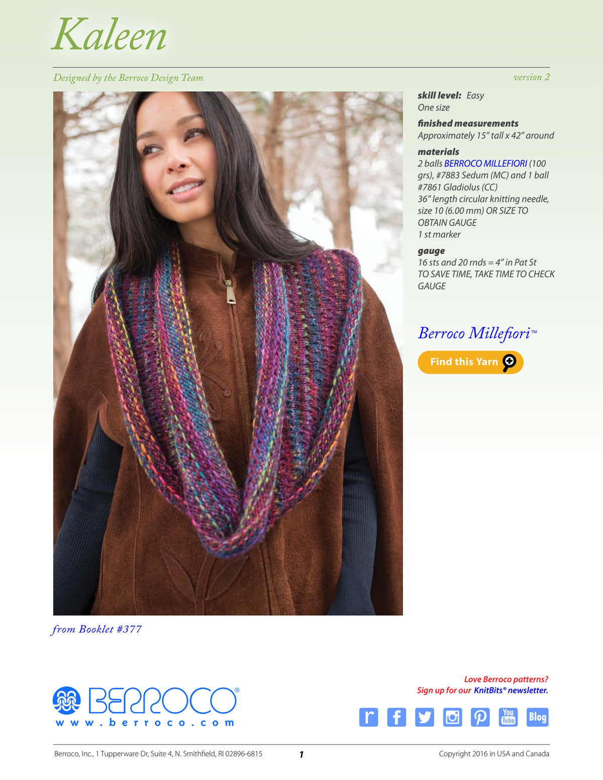 Berroco Kaleen Cowl Knitting Pattern