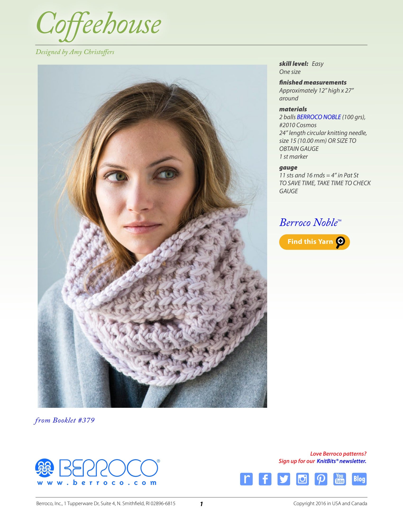 Berroco Coffeehouse Cowl Knitting Pattern