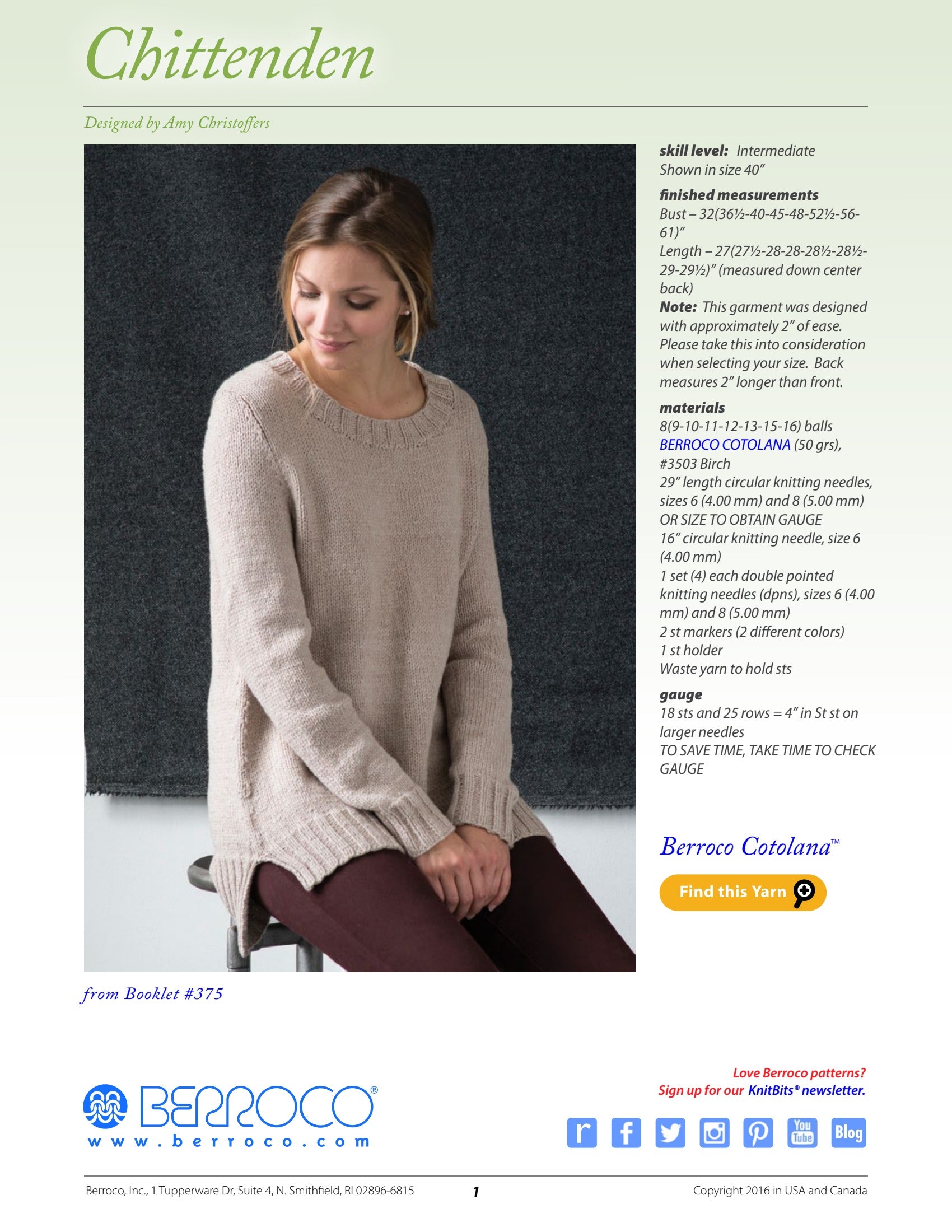 Berroco Chittenden Jumper Knitting Pattern