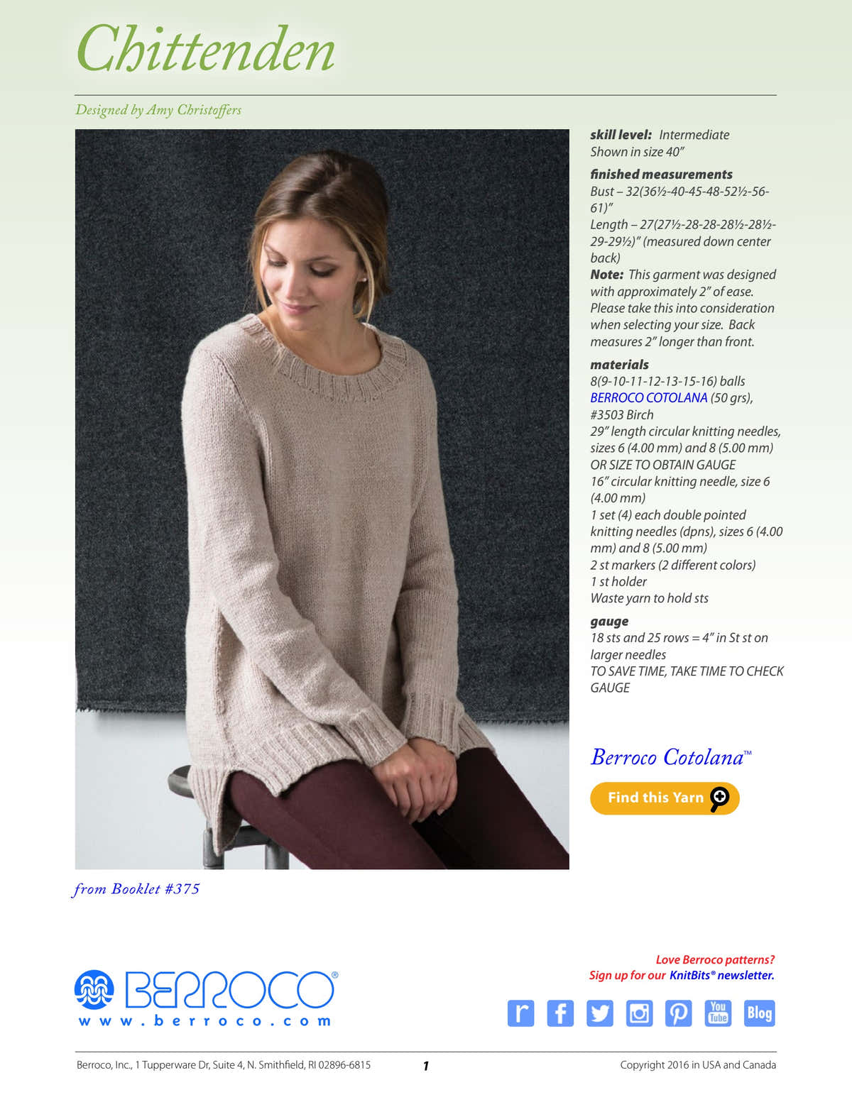 Berroco Chittenden Jumper Knitting Pattern