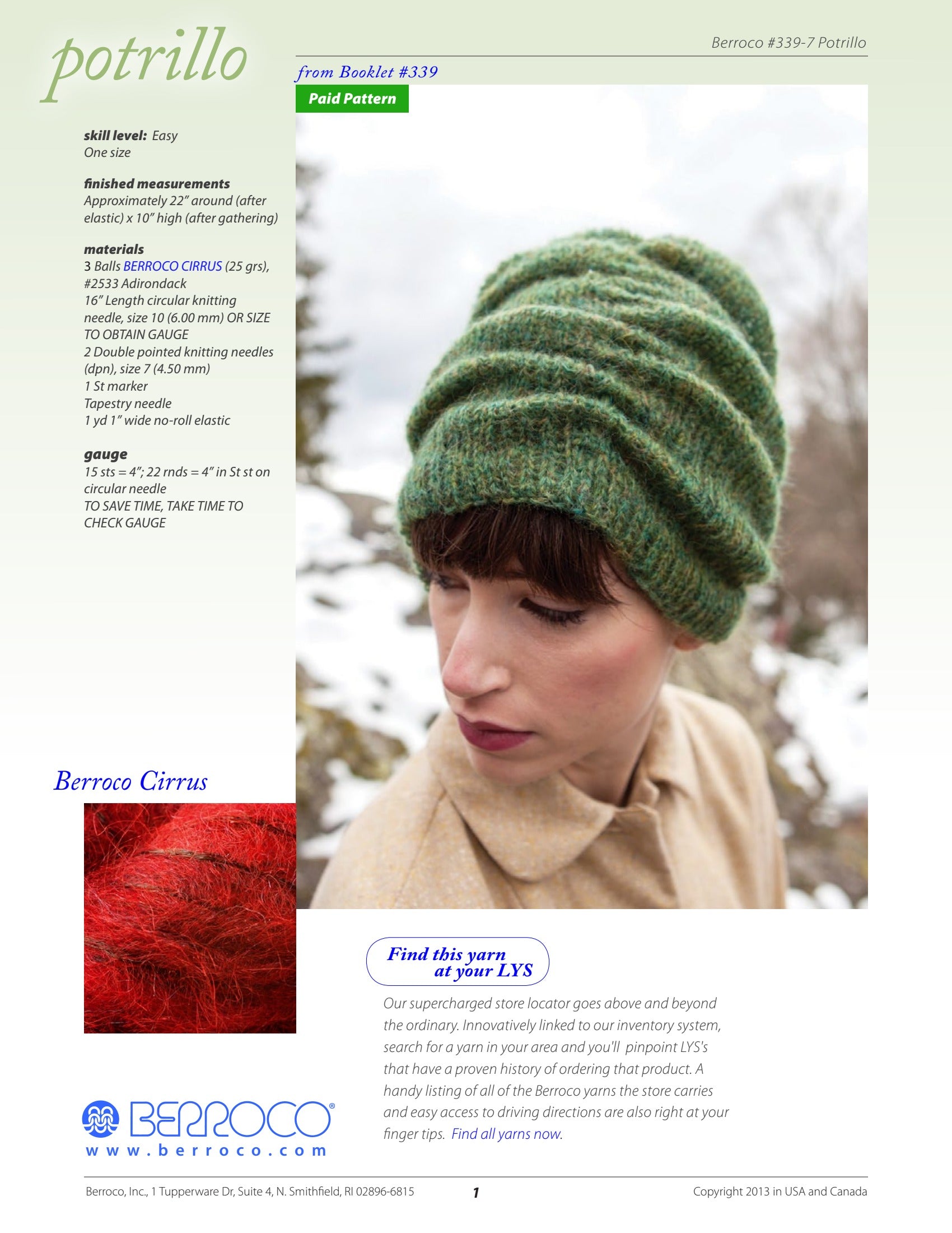 Berroco Potrillo Hat Knitting Pattern
