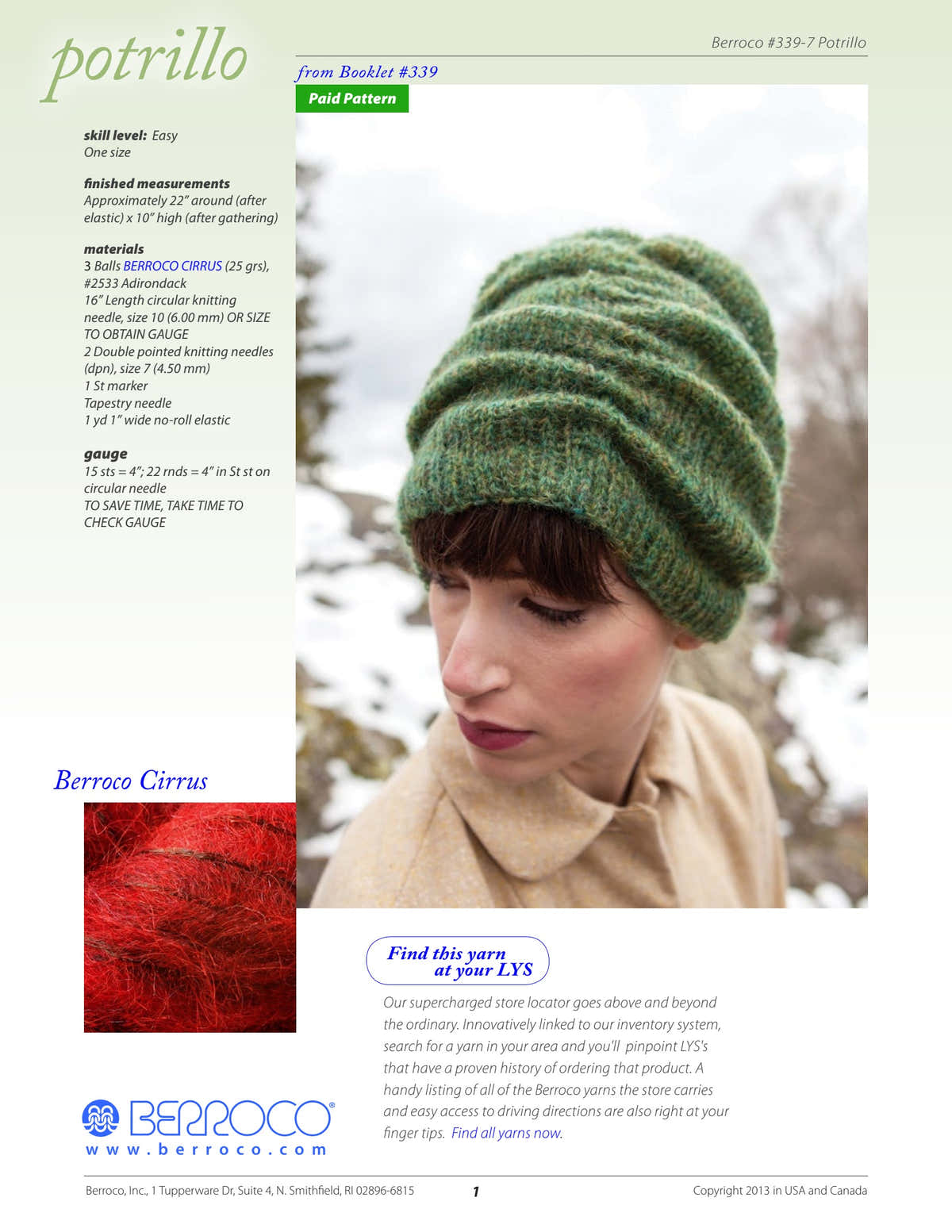 Berroco Potrillo Hat Knitting Pattern