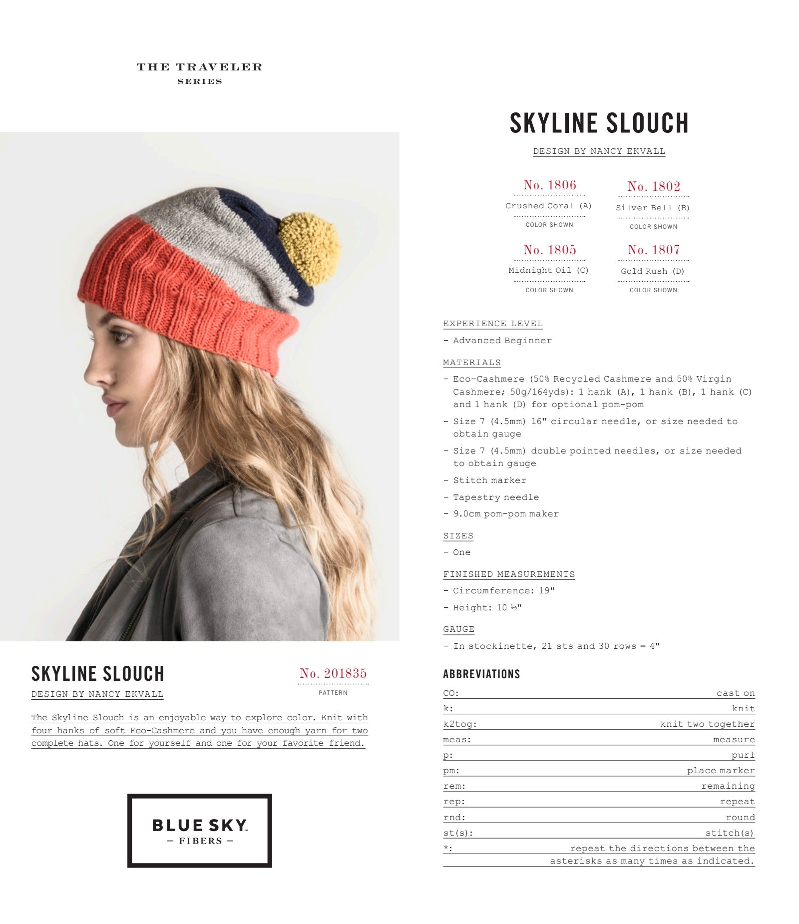 Blue Sky Fibers Skyline Slouch Hat Knitting Pattern