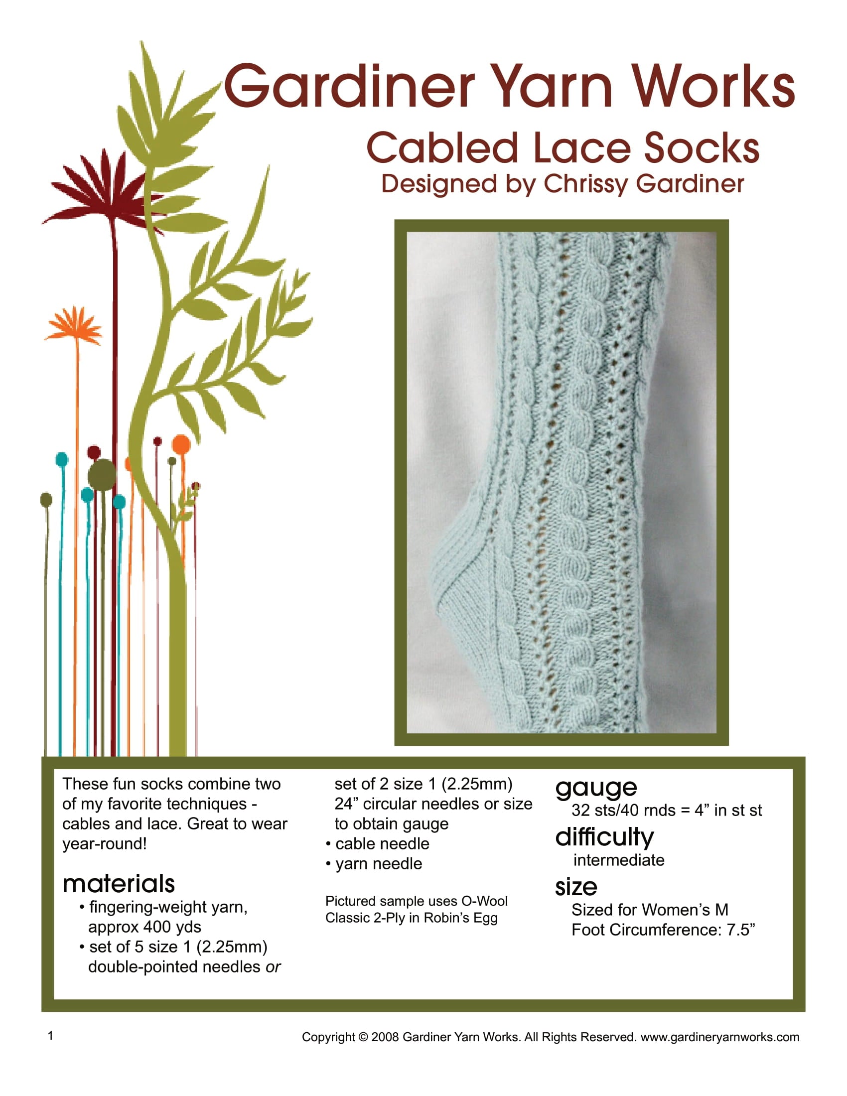 Gardiner Yarn Works Cabled Lace Socks Knitting Pattern