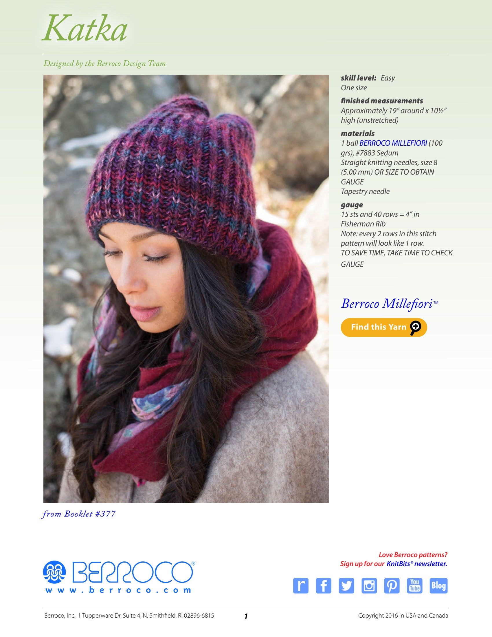 Berroco Katka Hat Knitting Pattern