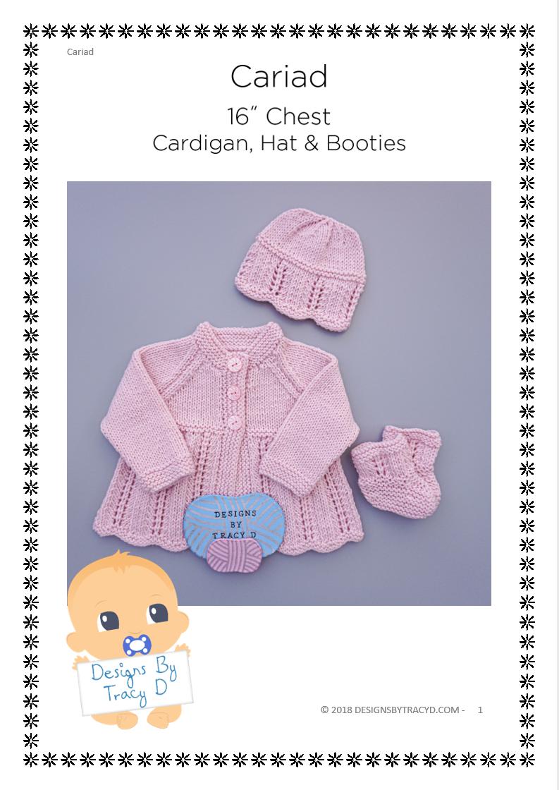 Cariad Baby Cardigan, hat & Booties knitting pattern