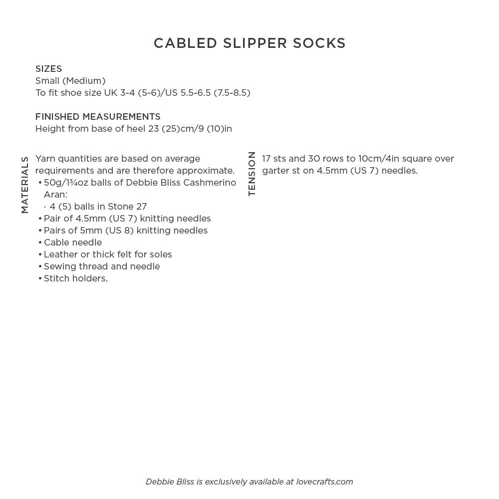 Debbie Bliss Cabled Slipper Socks Knitting Pattern