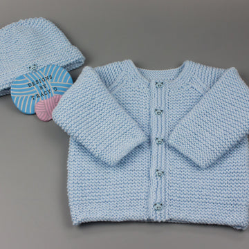 Elis baby unisex cardigan and beanie hat knitting pattern 0-3mths & 3-6Mmhs