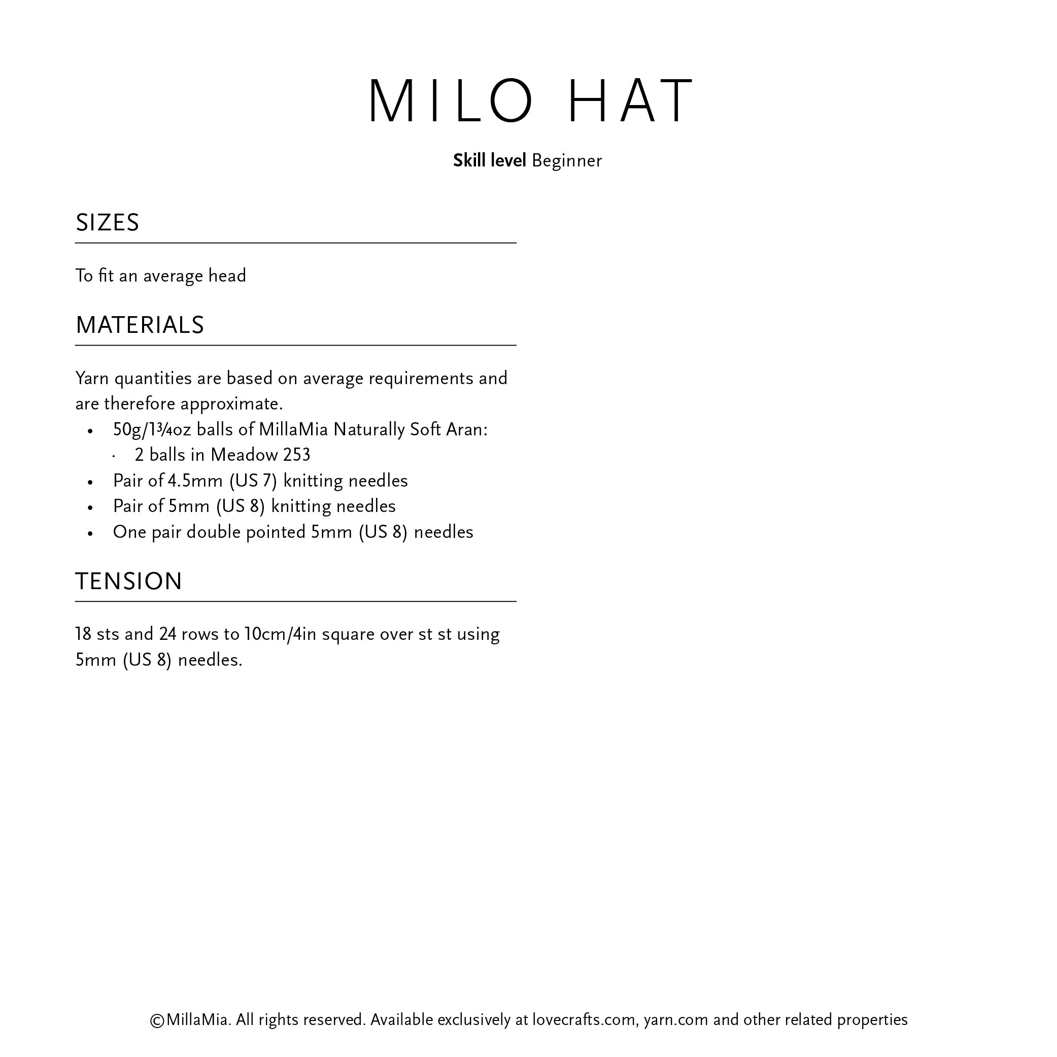 MillaMia Milo Hat Knitting Pattern