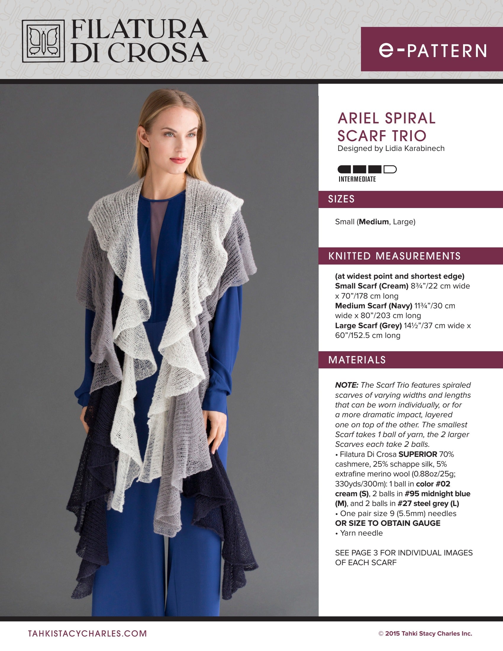 Filatura Di Crosa Ariel Spiral Scarf Trio Knitting Pattern