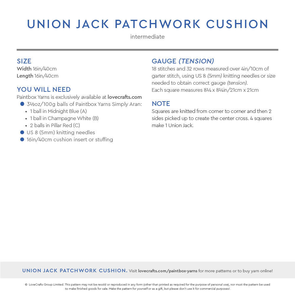 Paintbox Yarns Union Jack Patchwork Cushion Knitting Pattern