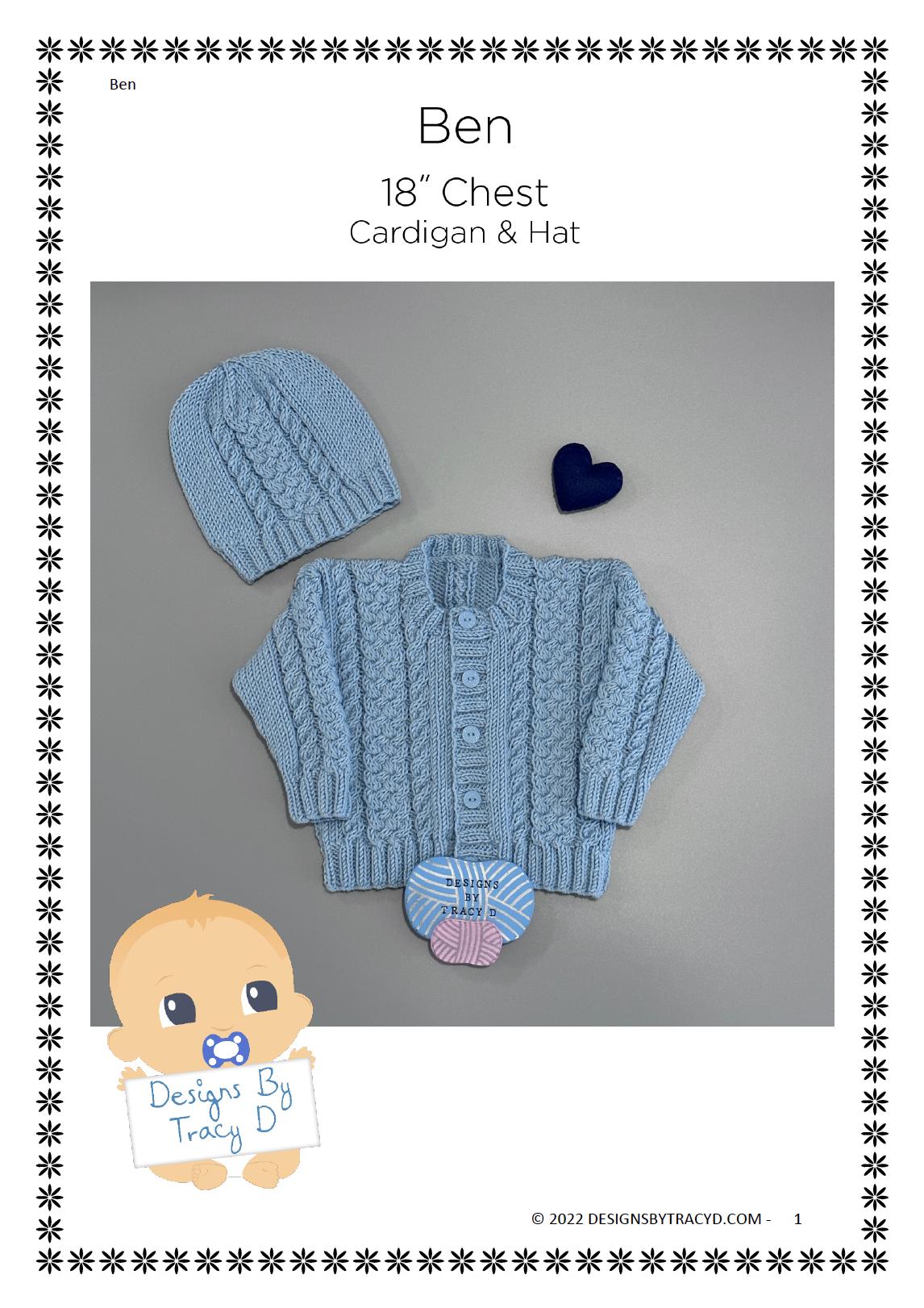 Ben Baby Cardigan Knitting Pattern 18" chest size.