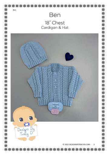 Ben Baby Cardigan Knitting Pattern 18" chest size.