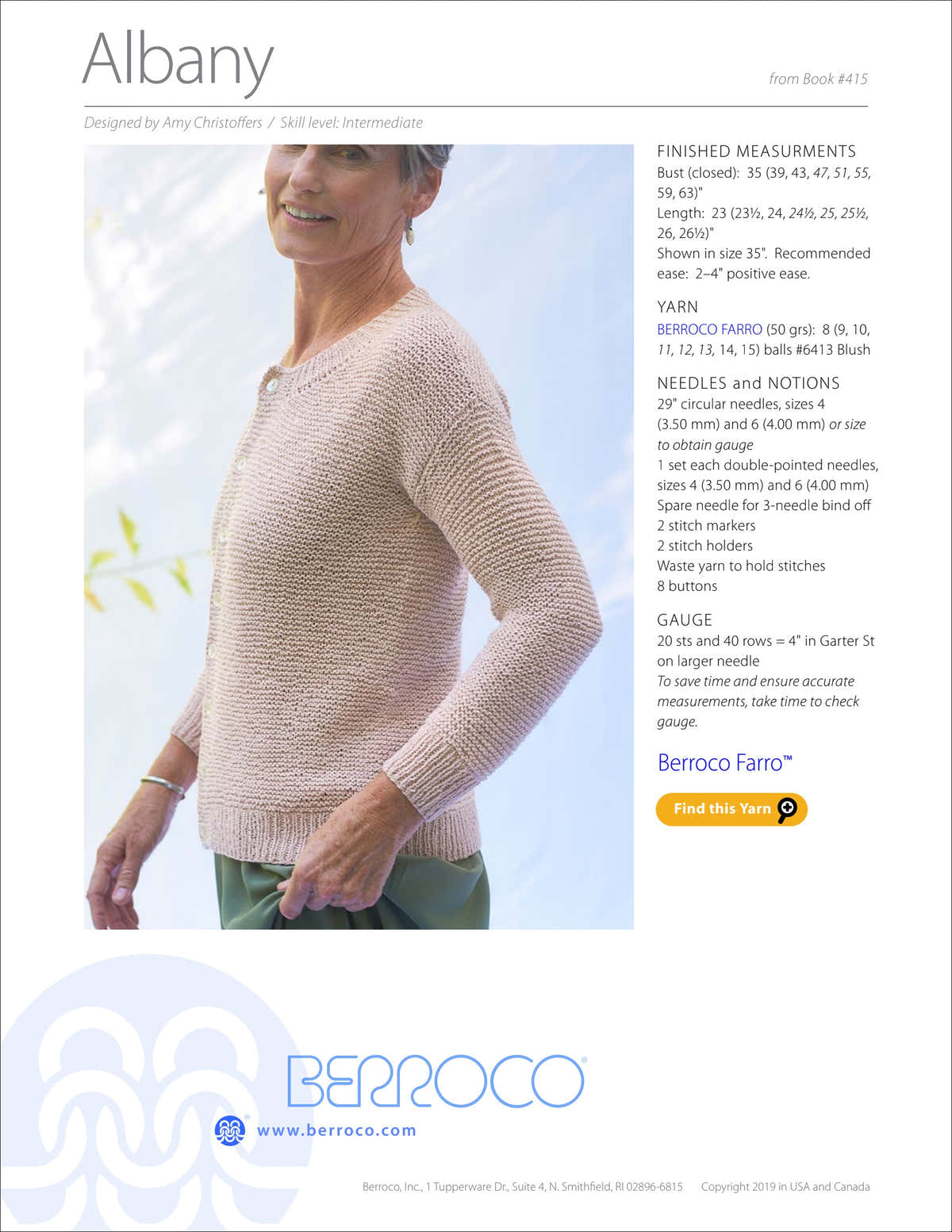 Berroco Albany Cardigan Knitting Pattern