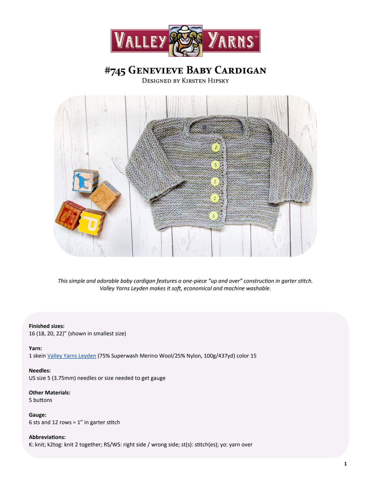 Valley Yarns Genevieve Baby Cardigan Knitting Pattern