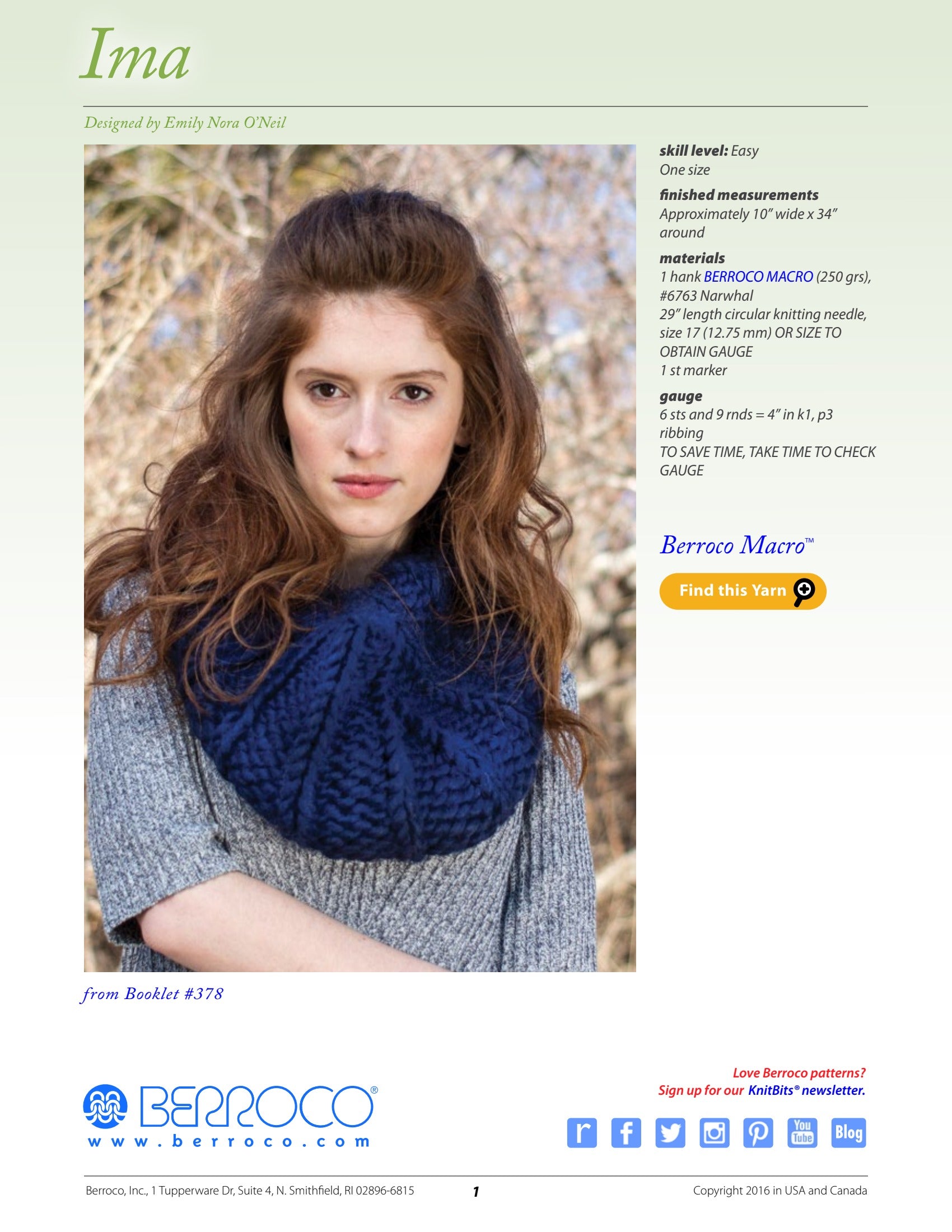 Berroco Ima Cowl Knitting Pattern