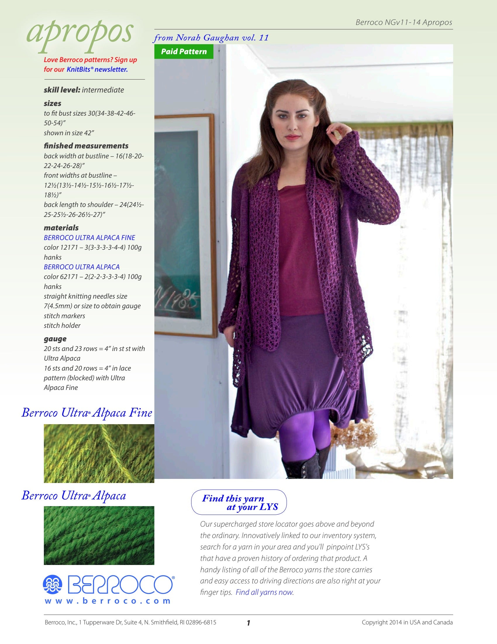 Berroco Apropos Cardigan Knitting Pattern