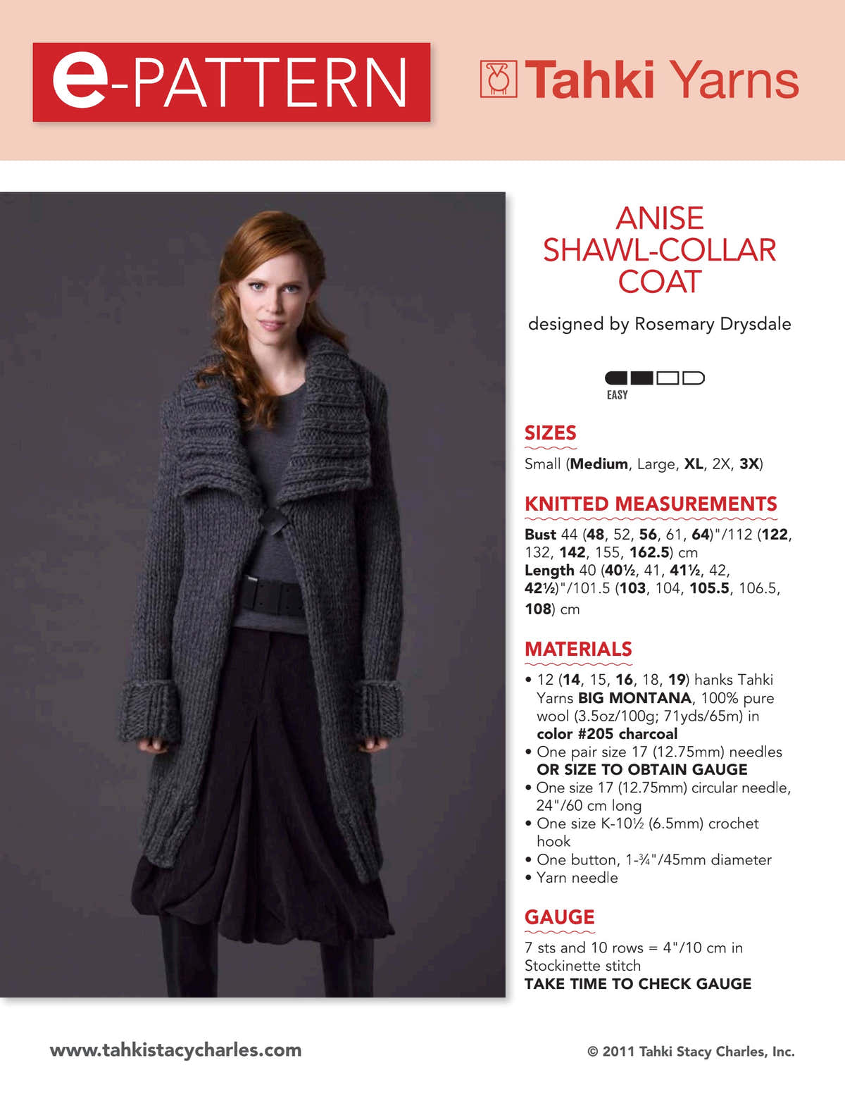 Tahki Yarns Anise Shawl-Collar Coat Knitting Pattern