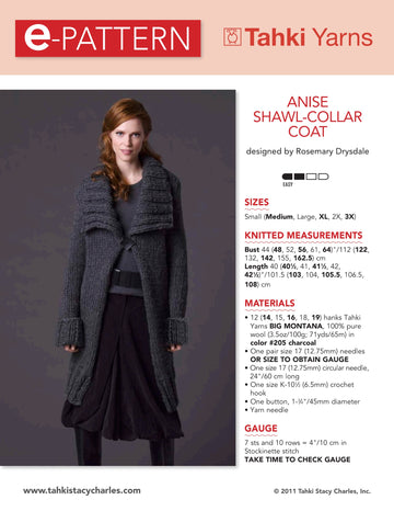 Tahki Yarns Anise Shawl-Collar Coat Knitting Pattern
