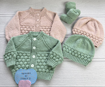 Annabeth Cardigan, Hat & Booties, 16-20 inch chest 0-12mths