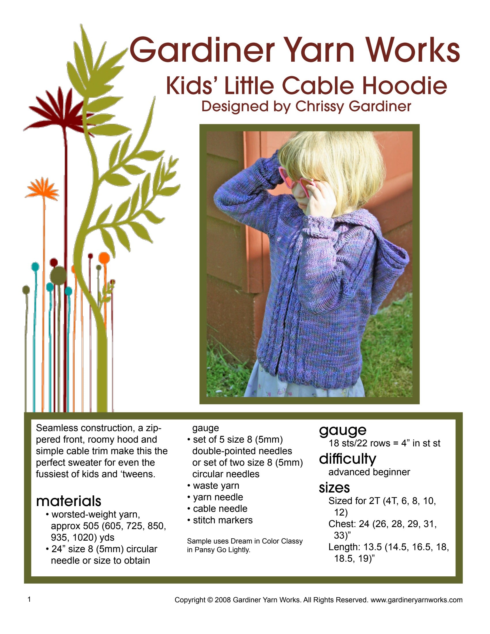 Gardiner Yarn Works Little Cable Hoodie Knitting Pattern